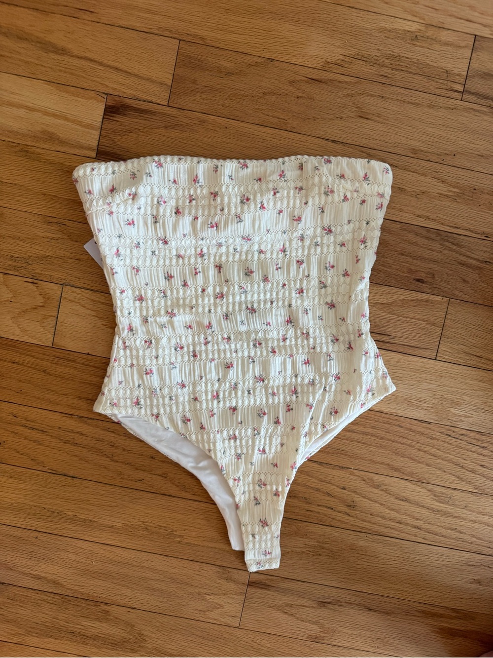Princess Polly Cream Smocked Strapless Floral Bodysuit